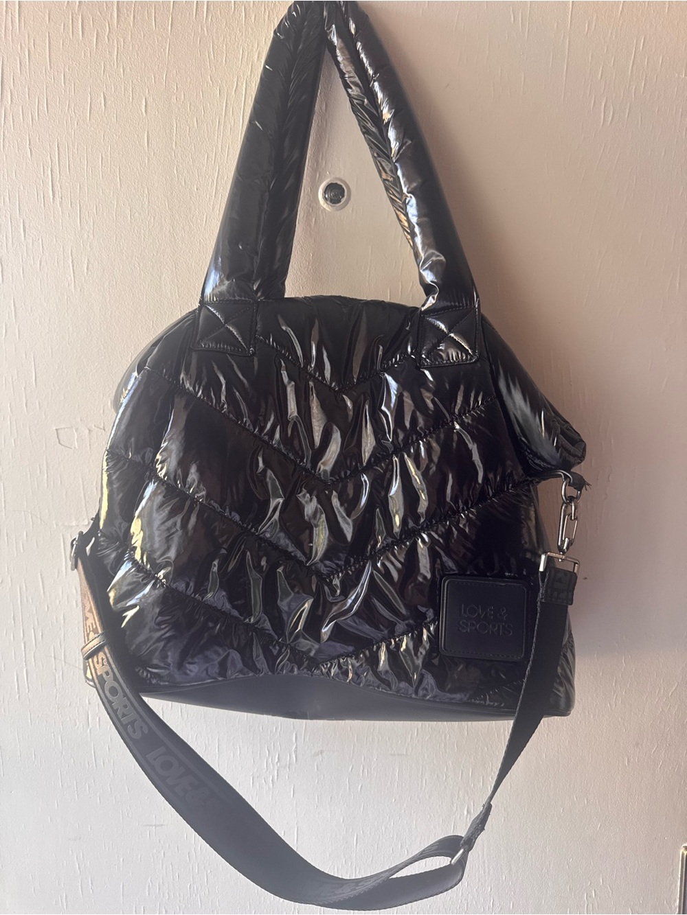 Glossy Black Quilted Shoulder Bag with Detachable Strap